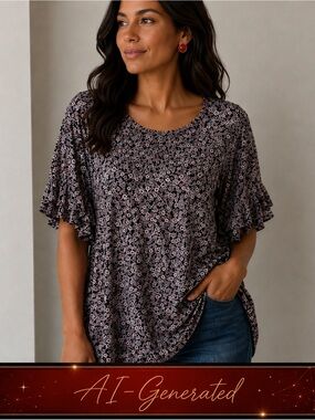Emma Woman's Plus Size Stretch Knit Tunic Blouse Floral Design Ruffled Sleeve
